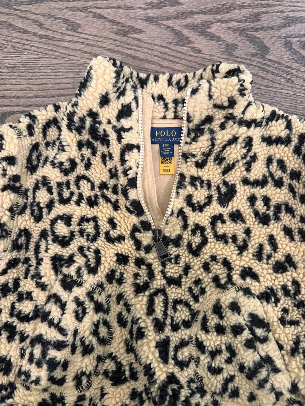 Ralph Lauren Kids Leopard Sherpa Zip Jacket - cream & Black 3T